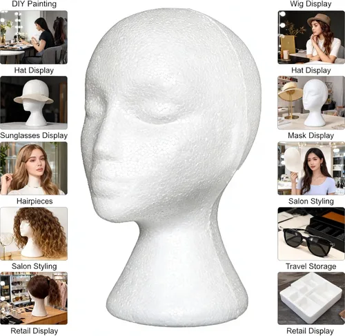 Miniatura 2 de Maniquí de espuma, modelo de cabeza femenina para exhibir pelucas y sombreros, maniquí de espuma blanco (gris)