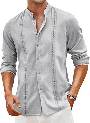 Miniatura 4 de Camisa de manga larga para hombre, sin cuello, ligera, transpirable, Guayabera Cuba camisa con botones para la playa Azul-cielo