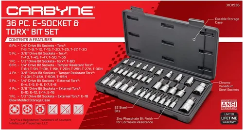Miniatura 3 de CARBYNE Juego de dados Torx de 36 piezas y dados E-Torx, T8 a T60, Torx de seguridad resistente a manipulaciones TT8 a TT55, E4 externo a E18