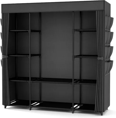 Miniatura 9 de Armario portátil para colgar ropa de 57.3 pulgadas, armario de gran capacidad con tapa, 8 bolsillos y 1 barra para colgar, organizador de armario