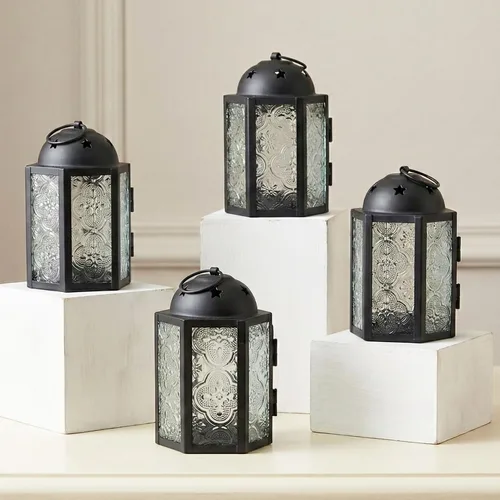 Miniatura 16 de VELA LANTERNS - Juego de 4 linternas para velas tea light, estilo mini marroquí, de 4.25" de tamaño pequeño, decorativas para mesa o colgar, metal