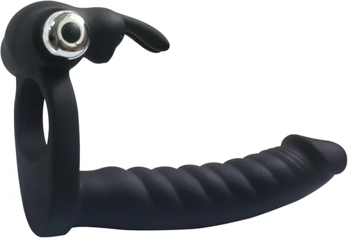 Miniatura 6 de Doble penetración vibratoria doble consolador con anillo de polla penetrador para hombres, parejas, enchufe anal, enchufe sexual de silicona, Negro