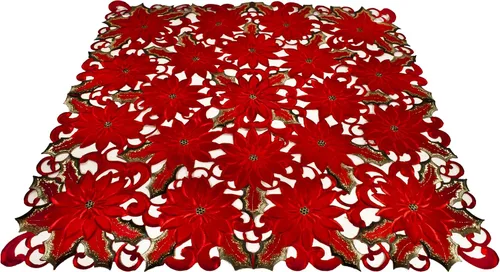 Miniatura 3 de Linens, Art and Things Mantel cuadrado pequeño bordado con diseño de flores de pascua rojas, diseño de flores de pascua rojas, hojas verdes, 33