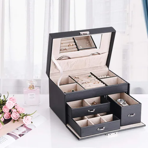 Miniatura 3 de BEWISHOME Caja organizadora de joyas de 20 secciones con candado, estuche portátil de almacenamiento de joyas para mujeres y niñas, aretes, anillo