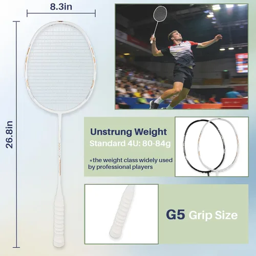 Miniatura 3 de Juego de raquetas de bádminton profesionales, ligeras, 4 unidades de fibra de carbono, 3 volantes de plumas, 2 fundas protectoras, 4 sobreagarres