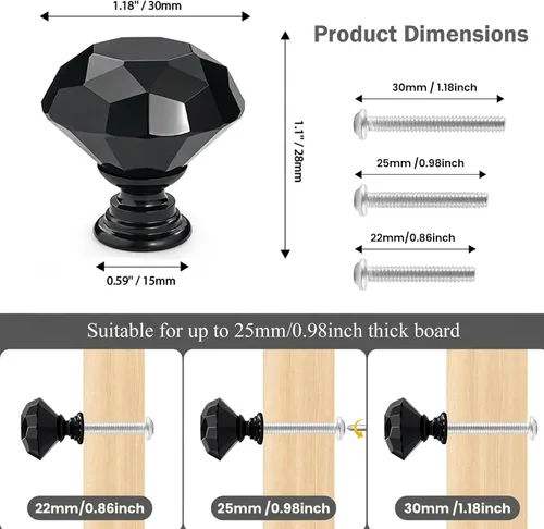 Miniatura 2 de 6 pomos de cristal de cristal de 1.18 pulgadas para cajones, pomos negros en forma de diamante, manijas con tornillos para cocina, baño, tocador