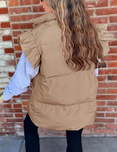 Miniatura 2 de Meyhad Chaleco acolchado de manga con volantes para mujer, chaleco acolchado sin mangas
