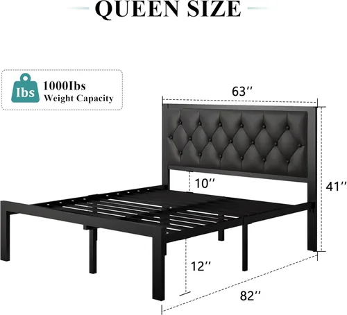 Miniatura 2 de iPormis Marco de cama de metal tamaño Queen, plataforma de piel sintética con cabecera capitoné con botones, espacio debajo de la cama de 12 Negro