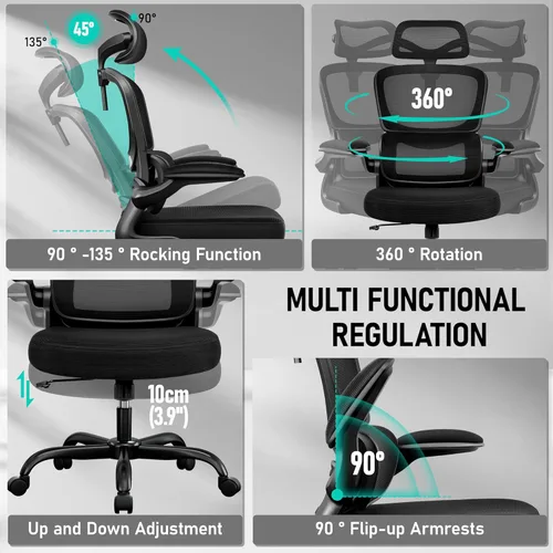 Miniatura 6 de BESTFAIR Silla de oficina ergonómica de respaldo alto, silla de escritorio de malla transpirable con soporte lumbar, reposacabezas ajustable, Negro
