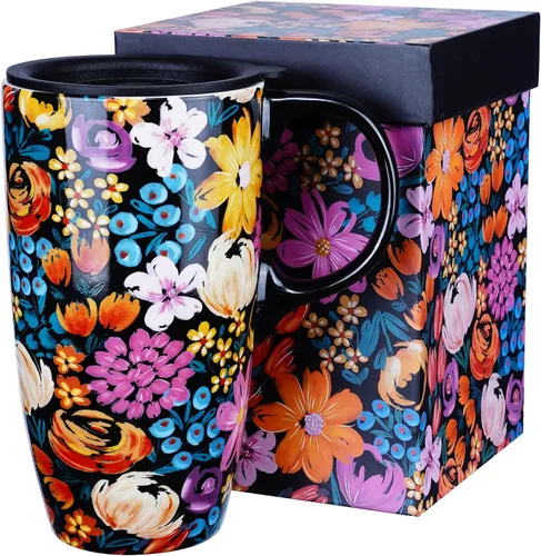 Miniatura 14 de Topadorn Taza de Viaje de Cerámica con Tapa y Asa, Taza de Café Taza de Té en Caja de Color 17 Oz, Tapa Resistente a Salpicaduras - Vaso para Llevar