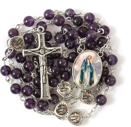 Nazareth Store Cuentas de piedra natural con corazón de epoxi milagroso, cuentas de metal, collar de rosario, regalos cristianos de piedras preciosas