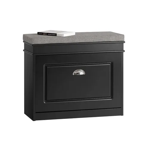 Miniatura 10 de SoBuy pequeño banco de almacenamiento de zapatos, zapatero negro estrecho para entrada, estante para zapatos con cojín y 2 niveles de cajón