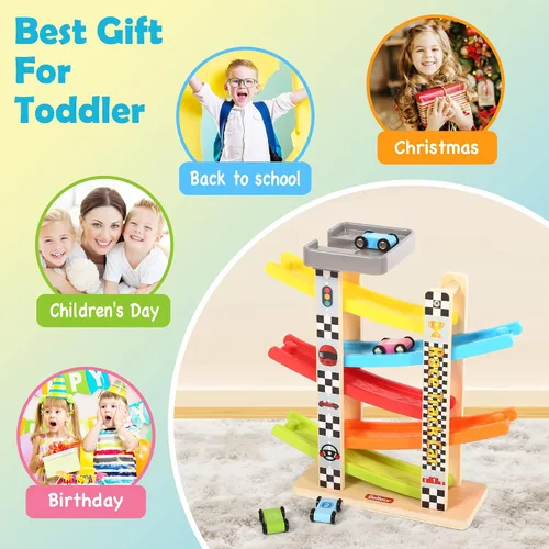 Miniatura 7 de Belleur - Juego Montessori para niños de 1 a 3 años, pista de carreras de coches para niños pequeños con 5 coches mini y 5 rampas, juego de juguetes
