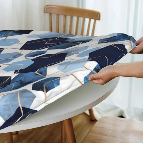 Miniatura 4 de Mantel redondo geométrico azul y blanco con bordes elásticos para mesas de hasta 45 a 50 pulgadas de diámetro
