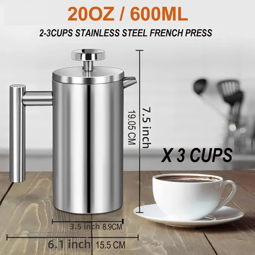 Miniatura 2 de Cafetera pequeña de acero inoxidable de prensa francesa de 21 onzas (3 tazas), aislamiento de doble pared para bebidas calientes y frías, prensa