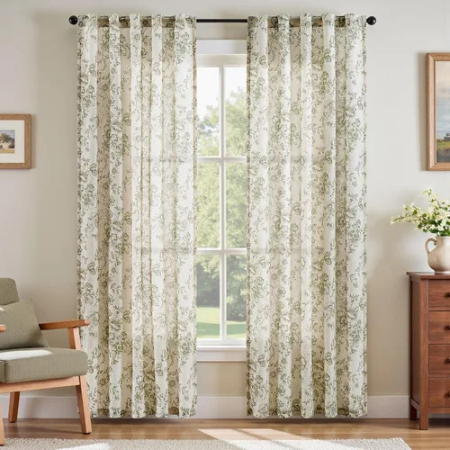 Miniatura 79 de Jinchan Cortinas de Mezcla de Lino con Estampado Floral para Sala de Estar, 84 Pulgadas de Largo, Cortinas con Bolsillo para Varilla y Tab Trasera