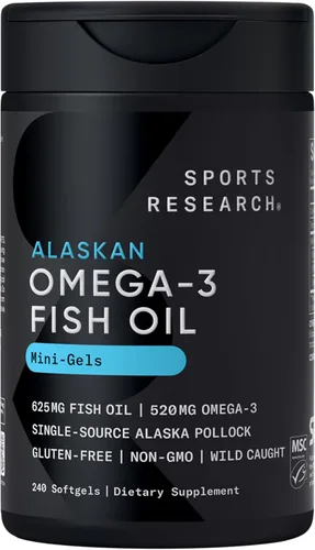 Sports Research® Aceite de pescado Omega-3 AlaskOmega Mini Geles 625mg de Wild Alaskan Pollock - Suplemento de aceite de pescado sin eructos con