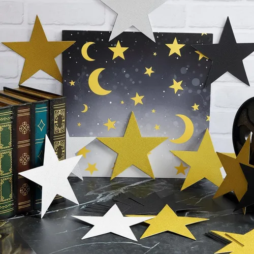 Miniatura 3 de Gejoy 80 piezas de recorte de estrellas con purpurina, decoración de estrellas doradas, estrella de papel doble impresa para noche de cine