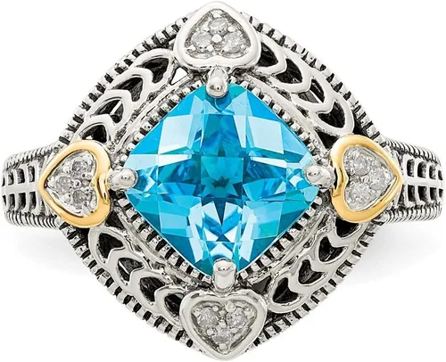 Miniatura 5 de Solid 925 Sterling Silver with 14k Diamond & Blue Simulated Topaz Ring (4mm)