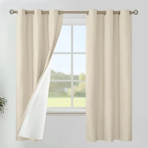Miniatura 45 de YoungsTex - Cortinas de lino beige 100% opacas para dormitorio de 63 pulgadas de largo, cortinas cortas con aislamiento térmico y ojales