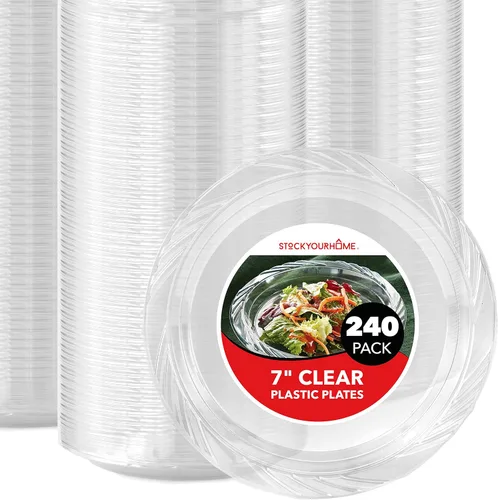 Stock Your Home 240 unidades, platos de plástico transparente de 7 pulgadas, flexibles, platos desechables resistentes para fiestas, para recepción