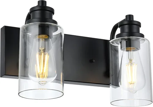 Miniatura 8 de Lámpara de baño vintage de 3 cabezales en acabado negro mate, pantalla de vidrio transparente clásica, iluminación de baño sobre espejo, lámpara