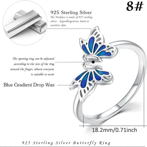 Miniatura 2 de Cuoka Anillos de mariposa de plata de ley 925, hipoalergénicos, aceite de goteo, joyería de mariposa azul, regalo para el día de la madre