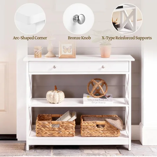 Miniatura 4 de Yaheetech Mesa consola con cajón, mesa de entrada de 3 niveles con estantes de almacenamiento, mesa de sofá estrecha de madera para Blanco