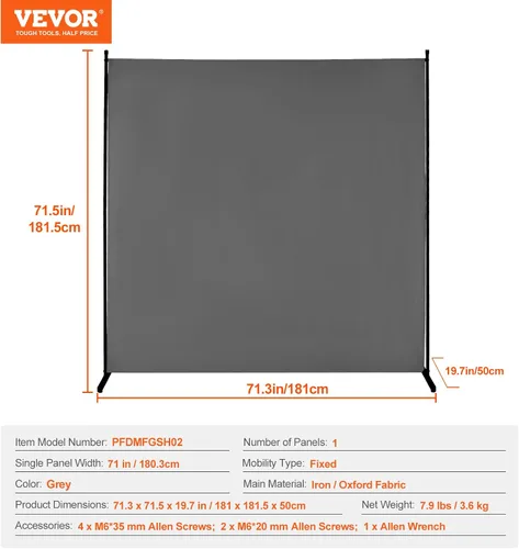 Miniatura 7 de VEVOR Divisor de habitación, divisor de habitación de un solo panel, pantalla de privacidad de 6 pies en interiores, divisor de partición para Gris