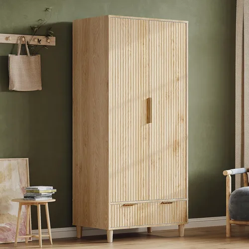 Miniatura 7 de VINGLI Armario Ropero Acanalado con Puertas y Cajones, Gabinete Armario con Barra para Colgar, Armario de Dormitorio de Madera de Roble, Armario
