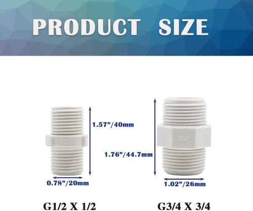 Miniatura 2 de 12 unids 3/4 pulgadas PVC tubería de montaje hexagonal pezón G3/4 macho X G3/4 macho adaptador de acoplamiento de rosca tubería de fontanería