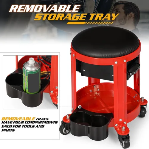 Miniatura 7 de Magshion Rolling Shop Taburete para garaje con cajón integrado, almacenamiento de herramientas y soporte para latas, asiento mecánico acolchado