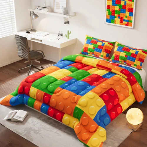 Miniatura 3 de Juego de edredón con diseño de bloques de construcción, tema colorido en patrón 3D para niños, adolescentes y adultos, juegos de edredón decorativos