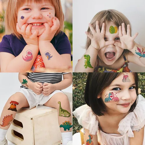 Miniatura 3 de CHARLENT 110 estilos de tatuajes temporales de dinosaurios con purpurina para niños, 14 hojas de tatuajes de dinosaurios con purpurina para niños
