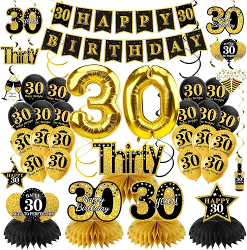 Turypaty Kit de 36 piezas de decoración de cumpleaños de 30 años para hombres y mujeres, pancarta de feliz cumpleaños número 30, globo de panal de