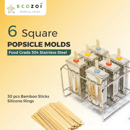 Miniatura 2 de Ecozoi Moldes y Estante de Acero Inoxidable para Paletas – 6 Moldeadores de Paletas de Hielo Cuadradas + 30 Palos de Bambú Reutilizables + 12 Sellos