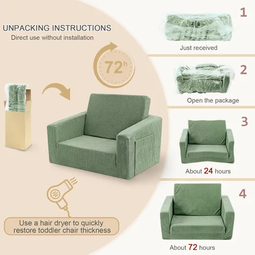 Miniatura 8 de Silla para bebés y niños, 2 en 1 Sofás blandos para bebés que se despliegan, Sillas para bebés cómodas de 1 a 3 años, Sofá convertible a salón, Verde