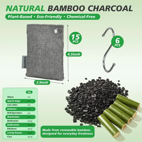 Miniatura 2 de Bolsas de carbón activado purificadoras de aire, paquete de 15 unidades, absorbentes de olores de carbón de bambú para zapatos de hogar, armario