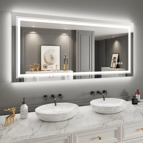 Miniatura 53 de Snowdool Espejo LED de baño, 32 x 32 pulgadas con luz frontal y retroiluminada, antivaho, espejo de tocador de baño para pared, función de memoria