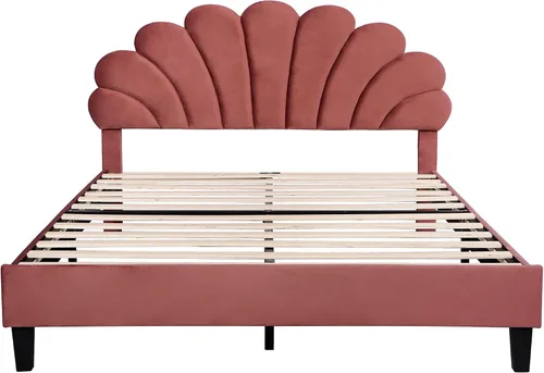 Miniatura 5 de Harper & Bright Designs - Cama de plataforma tapizada tamaño Queen con cabecera de terciopelo con patrón de flores, base de cama de madera