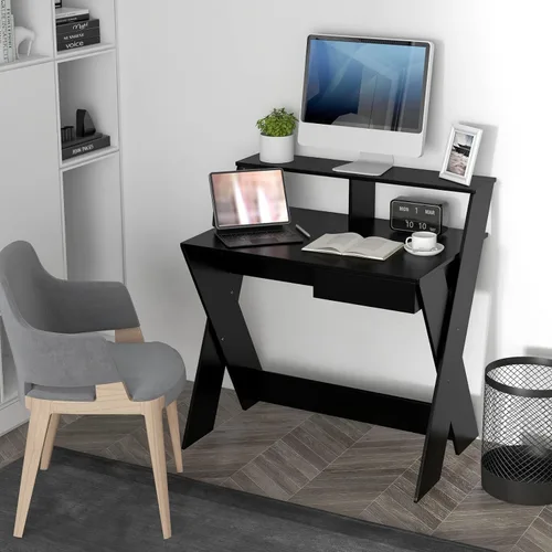 Miniatura 2 de Tangkula Escritorio para computadora de 2 niveles con cajón de almacenamiento, escritorio pequeño con soporte para monitor, reposapiés cuidadoso