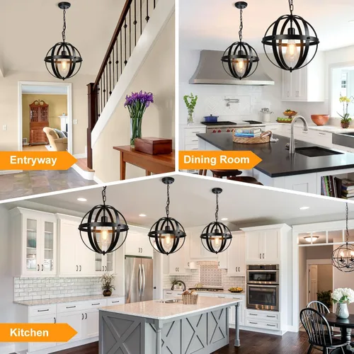 Miniatura 2 de DLLT - Lámpara colgante de globo vintage, negro mate, 1 luz, base E26, ideal para comedor, isla de cocina, sala de estar, oficina en casa