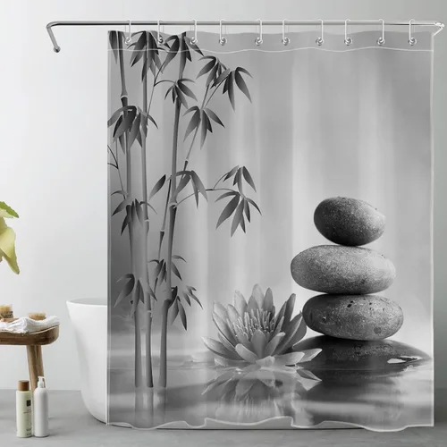 Miniatura 13 de LB Cortina de ducha de spa Zen azul y gris, piedra de bambú gris con flor de lirio de agua azul, cortina de ducha moderna para spa, decoración