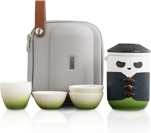 Juego de té de viaje, taza de té Kung Fu Panda con bolsa portátil, tetera china de cerámica de 13 onzas con 4 tazas de té de cerámica, con colador