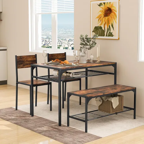 Miniatura 11 de GOFLAME Juego de mesa de comedor de 4 piezas para 4, mesa de cocina industrial con 2 sillas y banco, juego de mesa de desayuno que ahorra espacio
