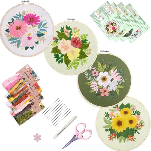 Miniatura 11 de Bonroy 4 juegos de kit de bordado para principiantes de manualidades artísticas de costura fácil incluye ropa de bordado con patrón, aro, manual