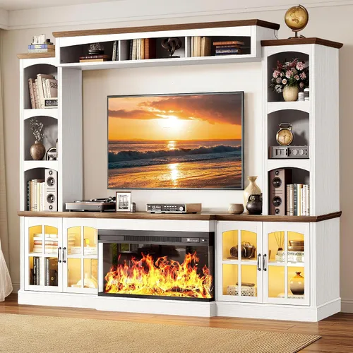 Miniatura 12 de MXV - Soporte de chimenea para TV de 59 pulgadas, centro de entretenimiento estilo granja con soporte de TV de 3 lados de vidrio, consola multimedia