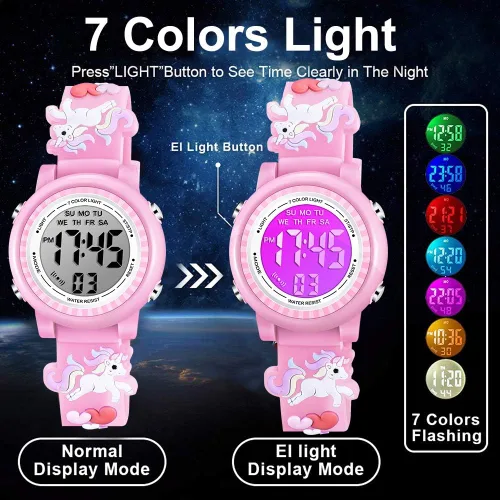 Miniatura 3 de Venhoo Kids Watches 3D Cartoon Waterproof 7 Color Lights Toddler Wrist Digital Watch with Alarm Stopwatch for 3-10 Year Girls Little Child