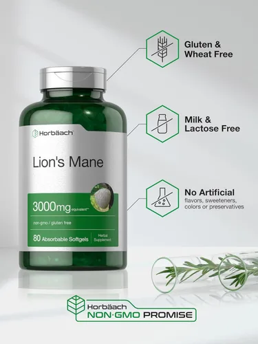 Miniatura 5 de Horbäach Suplemento de melena de león 3000 mg 80 cápsulas blandas absorbentes Extracto sin OMG y sin gluten