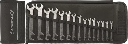 Stahlwille 96400651 Juego de llaves pequeñas de doble extremo abierto ELECTRIC, juego de llaves de 15 piezas en estuche enrollable, posición de